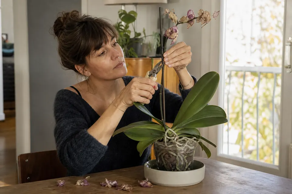 Hampe florale défleurie d’un phalaenopsis coupée au sécateur au-dessus d’un nœud
