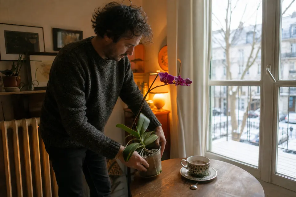 Orchidée sur un rebord de fenêtre en hiver, éloignée du radiateur, avec une tasse fumante