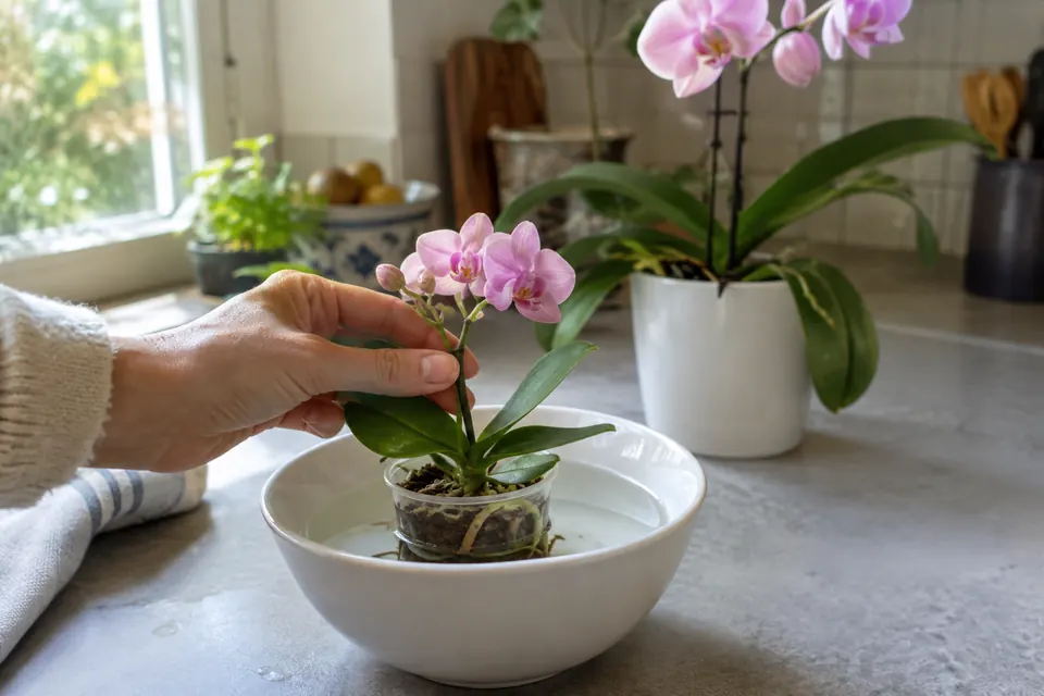 Un mini-phalaenopsis rose dans son petit pot transparent trempe dans un bol d’eau posé sur un plan de travail de cuisine