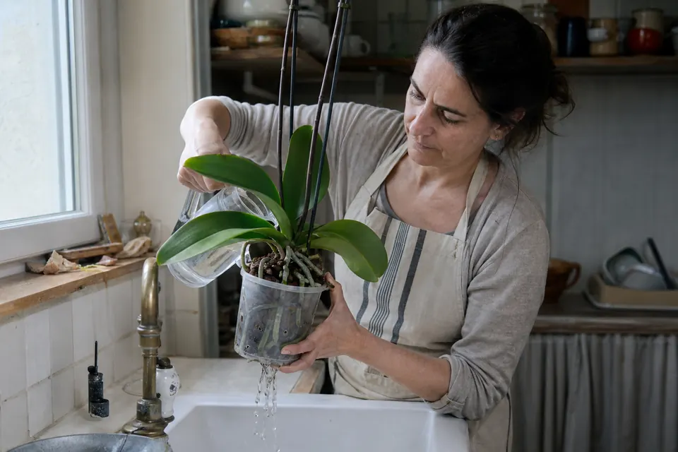 Une femme arrose un phalaenopsis au-dessus de l’évier en laissant l’eau traverser l’écorce