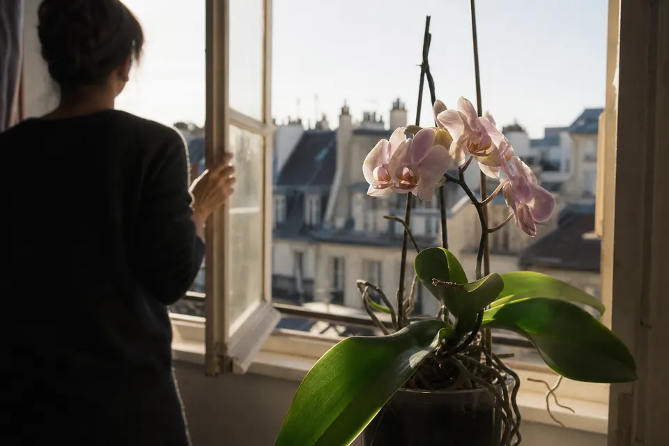 Phalaenopsis sur un rebord de fenêtre orienté est, dans la lumière douce du matin
