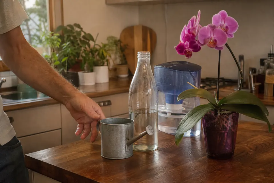 Arrosoir, bouteille d’eau de pluie et carafe filtrante sur un plan de travail à côté d’une orchidée