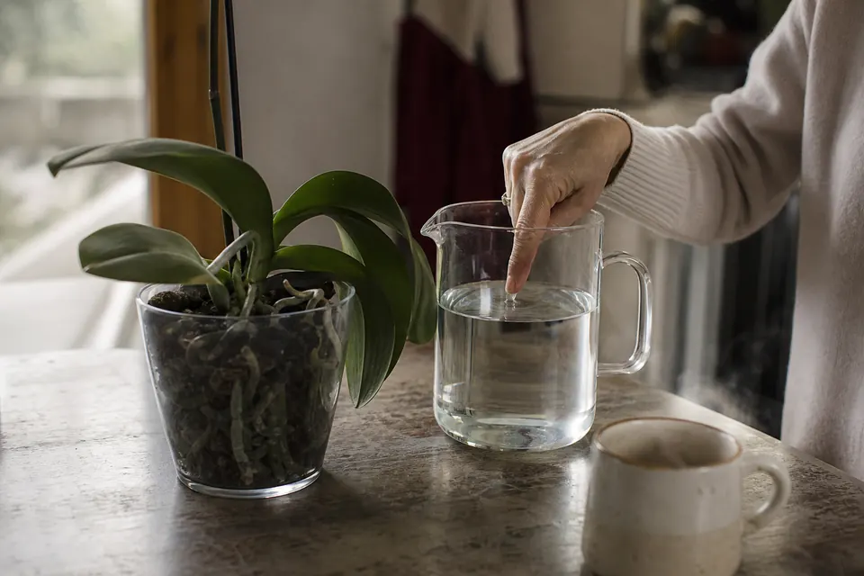 Main qui vérifie la température de l’eau dans une carafe avant d’arroser une orchidée